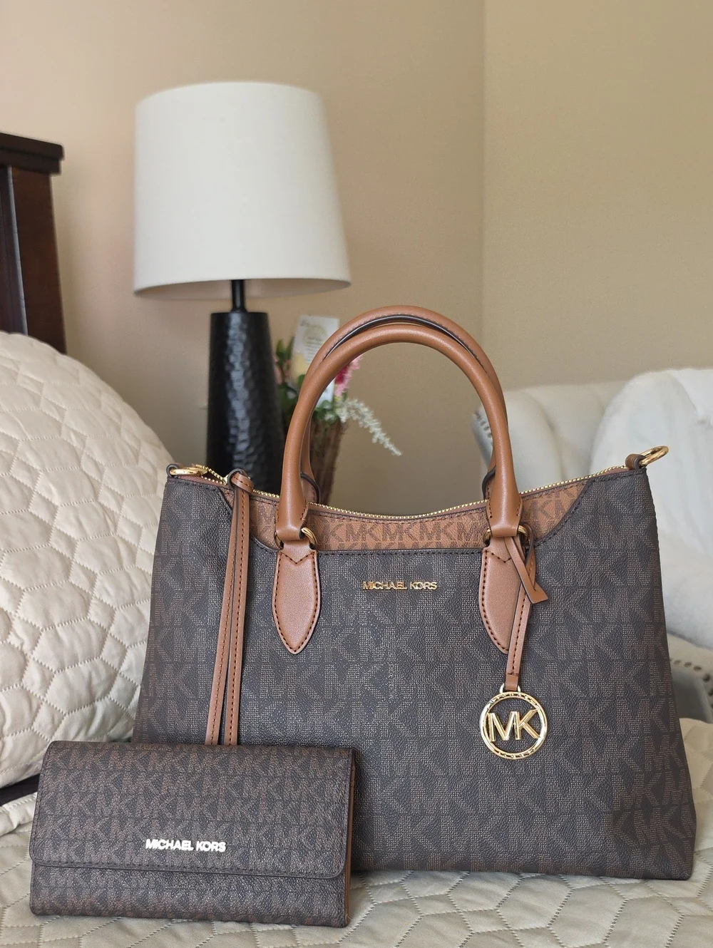 Michael Kors Brown Monogram Satchel with Matching Wallet